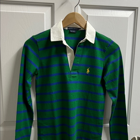 Polo Ralph Lauren women’s Green Blue Striped Long Sleeve Polo size xs - Picture 2 of 6